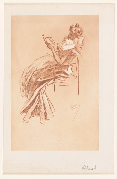 Genç kadın bir sandalyede okuyor by Jules Cheret