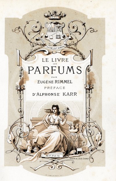 Başlık sayfası, arması ve elinde gül tutan, trone üzerinde oturan bir kadın - Eugene Rimmel (1820-1887), Fransa tarafından Le Livre des Parfums