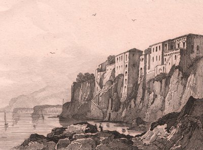 Sorrento'nun Torquato Tasso'nun eviyle görünümü, Campania, İtalya, Jules Coignet (1798-1860) tarafından çizildikten sonra Sauvage tarafından çelik gravür, yaklaşık 13x10 cm by Jules Coignet
