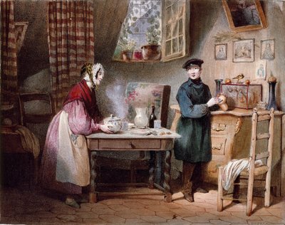 Ekonomi. Bir evde genç çift: kadın masaya bir yudum koyar ve adam bir kumbara bozuk para koyar. Jules David (19. yüzyıl) Paris, Musee Carnavalet tarafından renkli gravür by Jules David