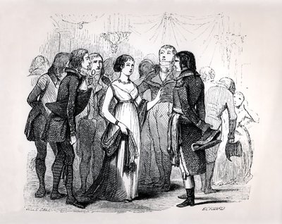 Madame de Stael (1766-1817), Napolyon Bonapart'ı (1769-1821) en iyi kadınlar hakkında sorguluyor, Emile Marco de Saint-Hilaire'in 'Napolyon'undan, Bernard tarafından oyulmuş, Paris, 1843 by Jules David