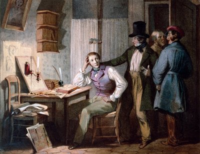 Çalışmak. Arkadaşları dışarı çıkarken ofisinde çalışkan bir öğrenci işte kalır. Jules David (19. yüzyıl) tarafından renkli gravür. Paris, Musee Carnavalet by Jules David