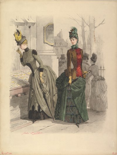 Günlük Elbiseli İki Kadın: 19 Ekim 1886 tarihli bir moda plakası için hazırlık çizimi. by Jules David