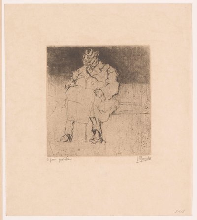 Bastonlu yaşlı bir bey bir bankta oturuyor. Le ağrı quotidien (nesne üzerindeki başlık) by Jules De Bruycker (signed by artist)