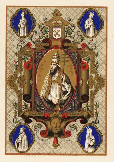 Dekoratif bir kenarlık içinde Aziz Gregory, Papa Gregory I, triregnum veya üçlü taç ve Papalık ferula ile portresi by Jules Desportes