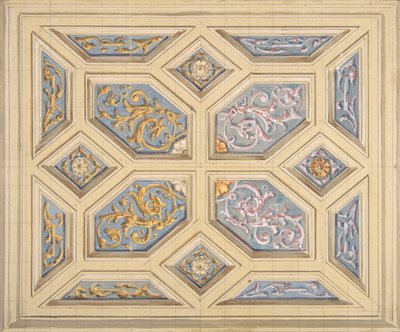 1840-97, kaydırma işi ile süslenmiş kesonlu bir tavan için tasarım. Yaratıcılar: Jules-Edmond-Charles Lachaise, Eugène-Pierre Gourdet. by Jules Edmond Charles Lachaise and Eugène Pierre Gourdet