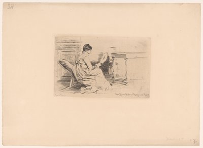 Alçak sandalyede fan olan kadın by Jules Ferdinand Jacquemart (attributed to)