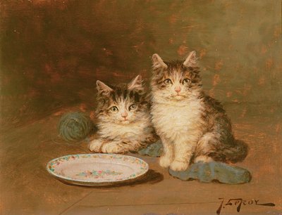 Boş Kaseli İki Yavru Kedi (panelde yağ) by Jules Leroy