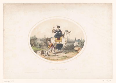 At sırtında şahinli soylu kadın Retour au château (nesnedeki başlık) by Jules Marie Desandre