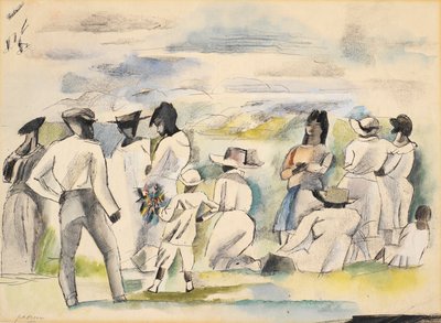 Çiçek tutan çocuk ile rakamlar grubu by Jules Pascin