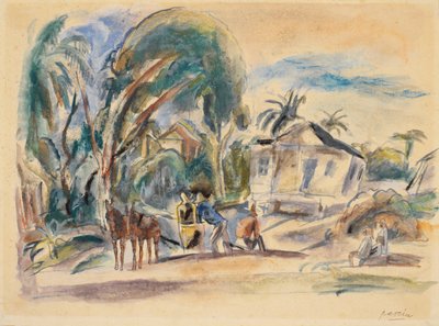 Peyzaj, Ev ve Ağaç (kağıt üzerinde wc) by Jules Pascin