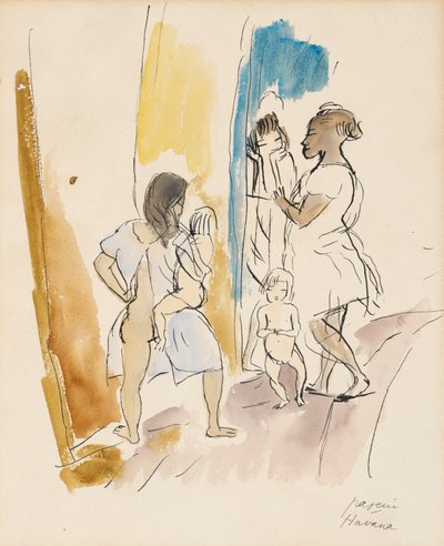 Üç Kadın ve İki Çocuk, Havana (kağıt üzerinde wc) by Jules Pascin