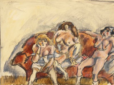 Kırmızı Kanepede Üç Kadın (kağıt üzerinde wc) by Jules Pascin