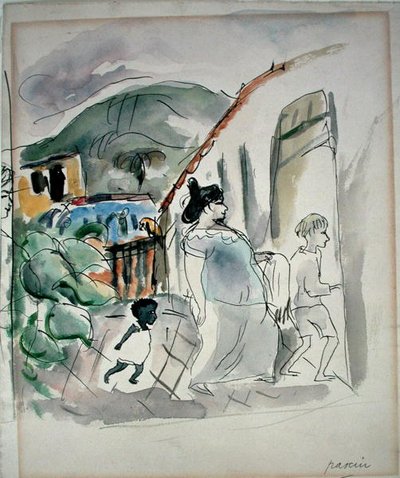 Kadın ve İki Çocuk (kağıt üzerine sulu boya) by Jules Pascin
