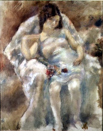 Çiçeklerle Oturan Genç Kadın by Jules Pascin
