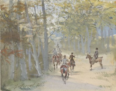 Biniciler ile orman manzarası by Jules baron Finot