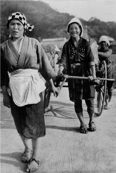 Arkada büyükannesi olan bir arabayı hareket ettiren üç kuşak kadın, c1900, 1921. by Julian Leonard Street