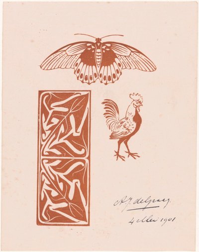Kelebek, horoz ve yaprak çalışması by Julie de Graag (signed by artist)