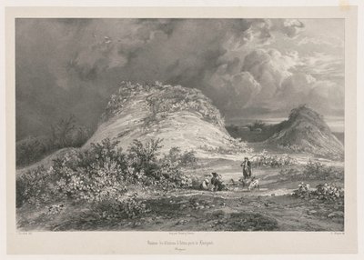 Huelgoet, Brittany, 1845-1846 yakınlarındaki Chateau dArtns kalıntıları. by Julien Louis Jacottet