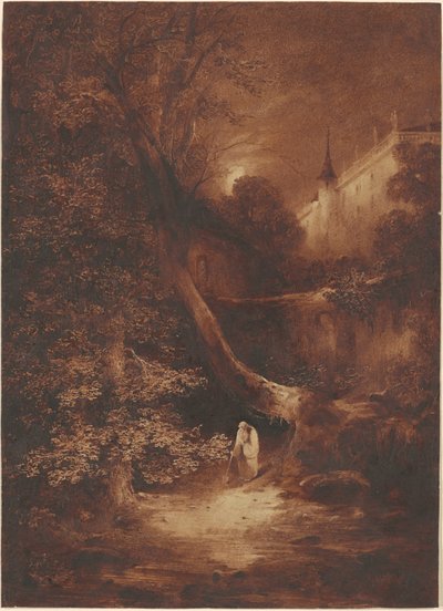 Sarayın yakınında yürüyen bir keşiş ile mehtaplı manzara by Julius Albert Elsasser