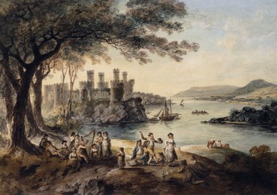Conway Castle, John Smith "The Blind Harper" ile ön planda, 1796 by Julius Caesar Ibbetson