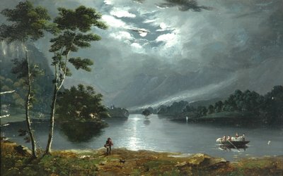 Feribot, Windermere, ay ışığında kuzeye ve göle bakıyor by Julius Caesar Ibbetson