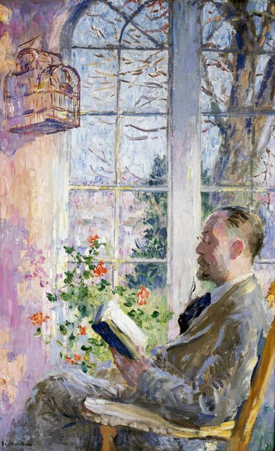 "Verandada" Kitap okuyan bir adam, üzerinde bir kuşun asılı olduğu bir kafes. Julius Gari Melchers (1860-1932) tarafından yapılmıştır. by Julius Gari Melchers