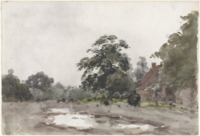Ön planda su ile uzun ağaçların altında çiftlik evi by Julius Jacobus van de Sande Bakhuyzen