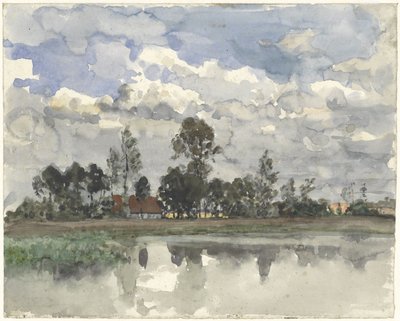 Bulutlu bir gökyüzünde suya yansıyan ağaçlar by Julius Jacobus van de Sande Bakhuyzen