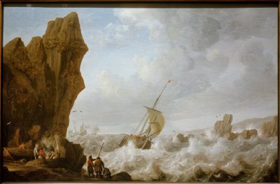 Kayalık bir kıyıda fırtınalı denizlerde balıkçı teknesi by Julius Porcellis
