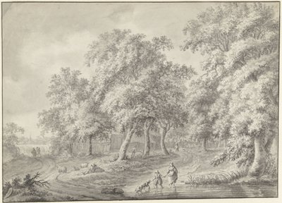 Bir havuzda yürüyen köpek ile anne ve çocuk ile manzara by Jurriaan Andriessen (possibly)