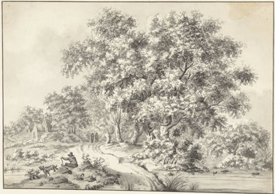 Köy yolunda köpek ve yürüyüşçüler ile oturan adam ile manzara by Jurriaan Andriessen (possibly)