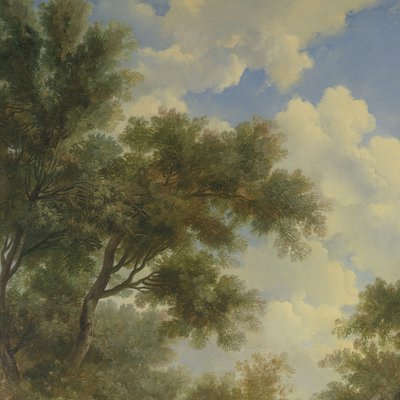 Solda bir tapınak ve ön planda oturan yaşlı bir adam olan Arcadian manzarası by Jurriaan Andriessen