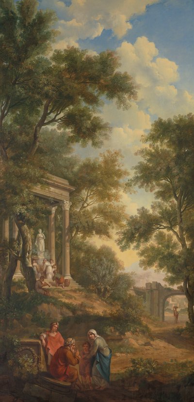 Solda bir tapınak ve ön planda oturan yaşlı bir adam ile Arcadian manzarası by Jurriaan Andriessen