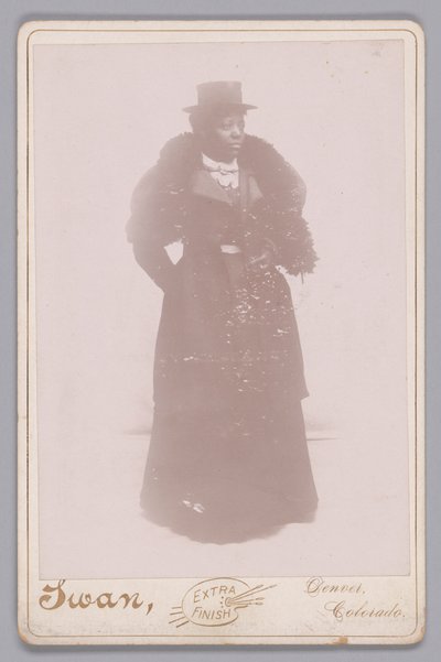 Silindir şapkalı ve çalıntı kürk giyen kimliği belirsiz bir kadının dolap kartı, yaklaşık. 1895. by Justus C. Swan