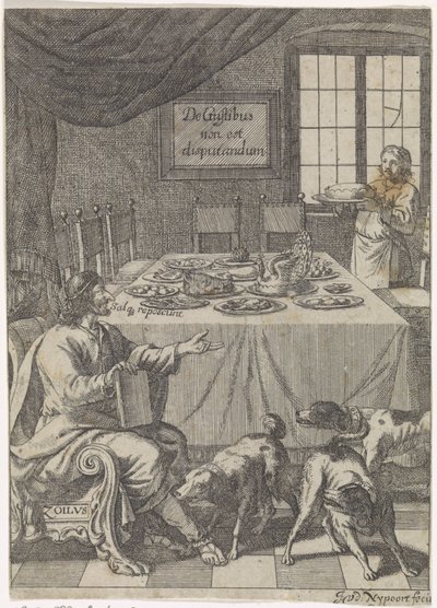Zoilus bir masada oturuyor De Gustibus non est disputandum (nesne üzerine başlık) by Justus van den Nijpoort