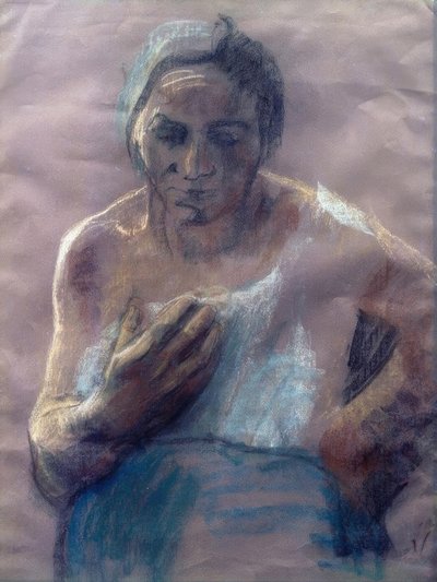 Elini göğsünün önünde olan işçi kadın by Käthe Kollwitz
