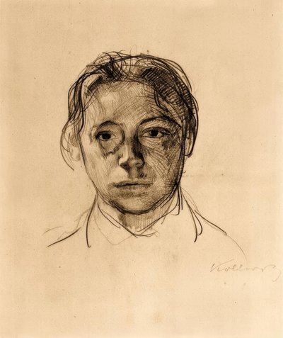 Gevşek saçlı genç otoportre by Käthe Kollwitz