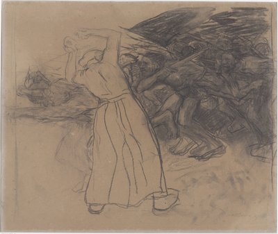 Ayakta duran halk kadını, ilerleyen bir grup erkek Losbruch'u teşvik ediyor (orijinal başlık) by Käthe Kollwitz