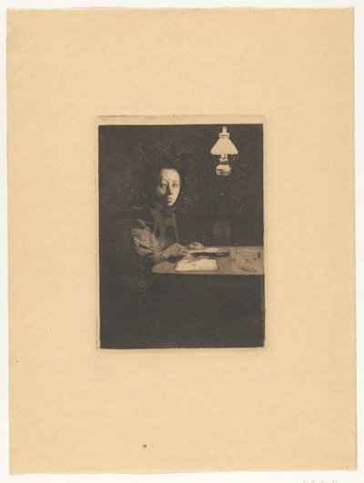 Zelfportret aan tafel Masada kendi portreniz (orijinal başlık) by Käthe Kollwitz
