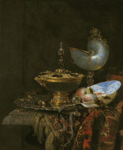 Holbein Kase, Nautilus Bardak, Cam Kadeh ve Meyve Tabağı ile Pronk Natürmort by Kalf