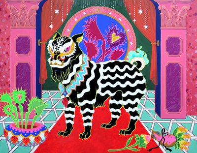 Black Lion Siyah Kurdele, 2021 (panel üzeri akrilik) by Kam Tsz