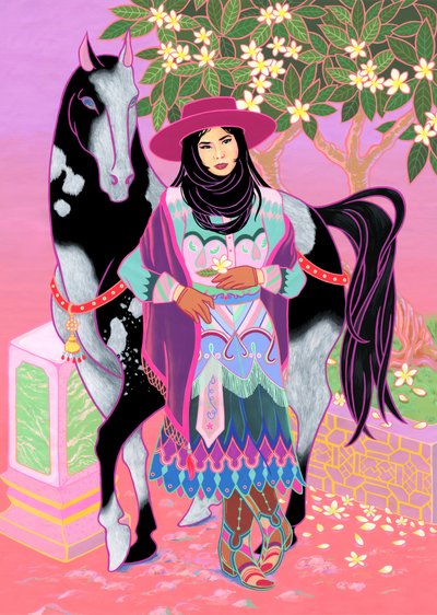 Cantones Cowgirl Waiting Under Plumeria, 2020 (pamuk üzerine akrilik) by Kam Tsz