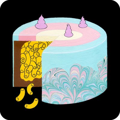Mac n' cheesecake, 2017 (kağıt üzerine karışık teknik) by Kam Tsz