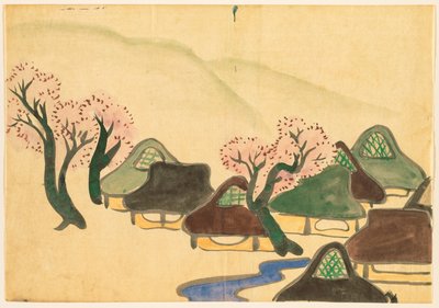 Yüz Dünyanın Çiçekleri (Momoyogusa): İlkbaharda Çiftçi Köyü (Harudenka) by Kamisaka Sekka