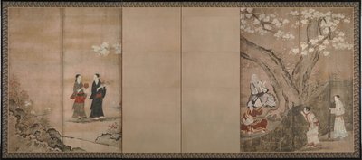 Aronia çiçeklerinin altında eğlence. Bir çift altı bölmeli paravanın sağı, 18. yüzyıl by Kano Isenin Naganobu