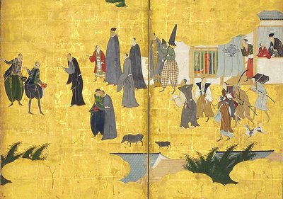 Güney Barbarların Ticarete Gelmesinin Detayı, altı panelli ekran çifti, 17. yüzyılın başları by Kano Naizen