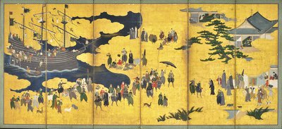 Güney Barbarlar Ticarete Geliyor, altı panelli ekran çifti, 17. yüzyılın başları by Kano Naizen