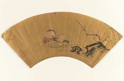 Mandalina ördeği ve çiçek açan erik (altın yaprak üzerinde mürekkep ve renk) by Kano Yukinobu