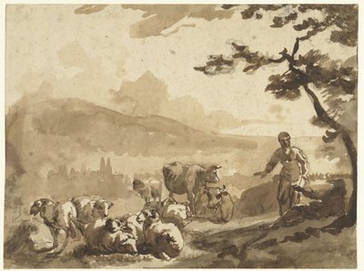 Koyun ve inek sürüsü olan çobanlarla dolu dağ manzarası by Karel Du Jardin